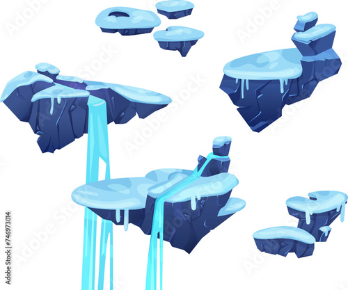 Game level platforms with ice and waterfall. Vector cartoon illustration of floating islands covered with snow, river flowing on stone pieces, winter land design elements isolated on white background
