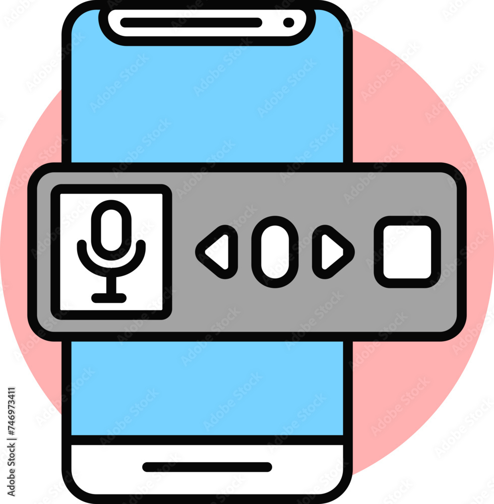 Mobile recording microphone with button icon in flat style. Mobile recording microphone with button icon in flat style.