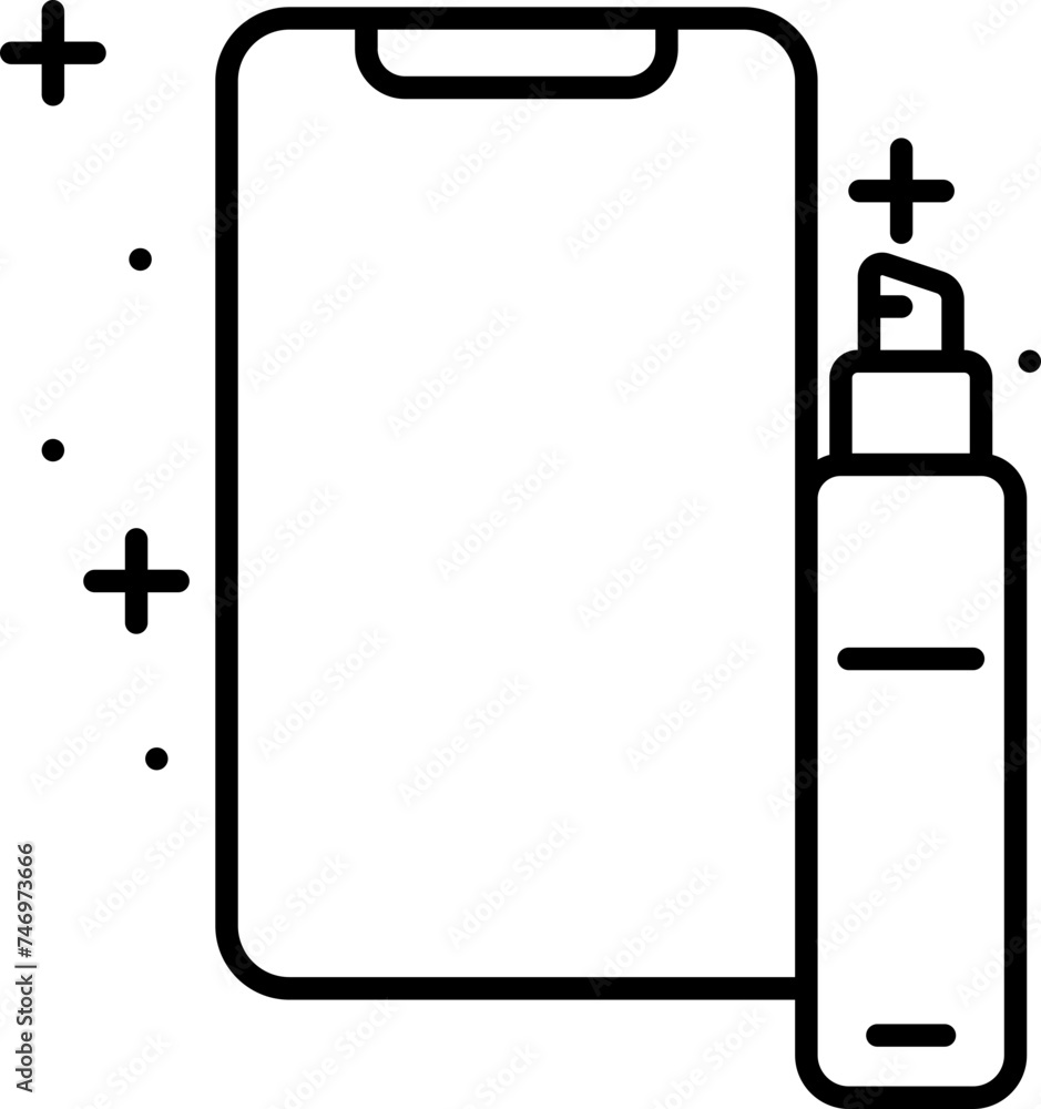 Black outline Smartphone with Sanitizer Bottle icon for Cleaning. Black outline Smartphone with Sanitizer Bottle icon for Cleaning.