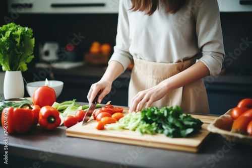 A woman in the kitchen preparing tomatoes and lettuce on a cutting board