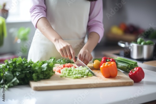 A woman cutting vegetables on a cutting board in a kitchen