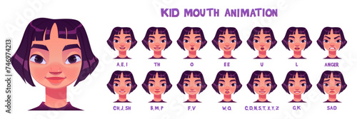 Kid girl kit for speaking animation creation. Cartoon vector illustration of little female child with different lip positions during pronunciation of english alphabet letters, sad and angry emotions. © klyaksun