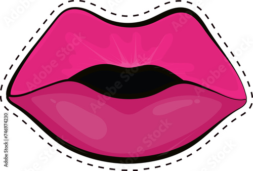 Sticker style pink kiss lips on white background