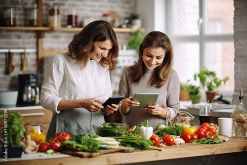 Two women in the kitchen looking at a tablet for recipe ideas. Fictional Character Created By Generated By Generated AI.