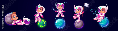 Cute kid boy astronaut in suit with helmet flying and playing on little alien planets in outer space. Cartoon vector illustration set of happy little child spaceman exploring satellite objects.