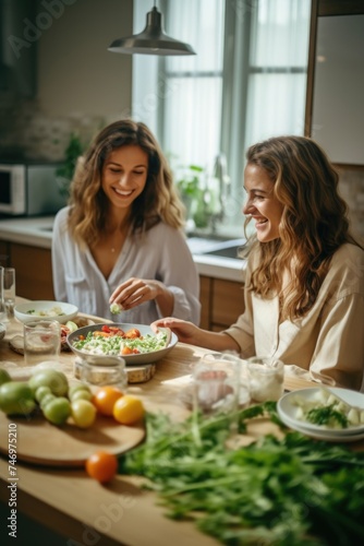 Two women enjoying a meal together in the kitchen. Fictional Character Created By Generated By Generated AI.