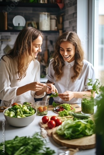 Two women preparing fresh vegetables in a kitchen. Fictional Character Created By Generated By Generated AI.