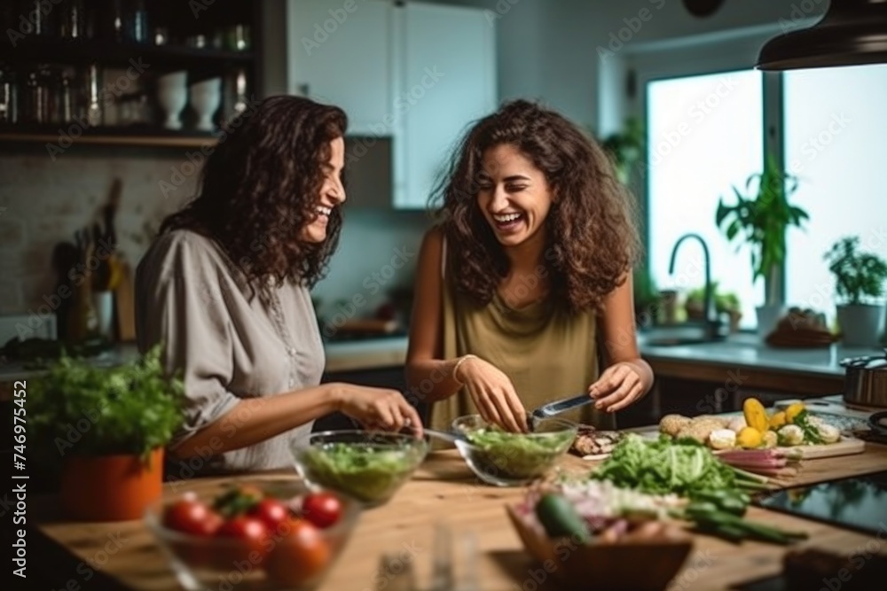 Two women laughing and preparing a meal in the kitchen. Fictional Character Created By Generated By Generated AI.