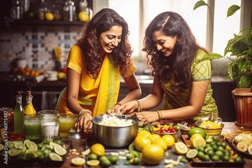Two Women Preparing Food in a Kitchen. Fictional Character Created By Generated By Generated AI.