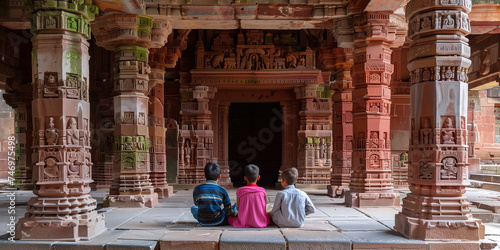 Three individuals sit peacefully, admiring intricate carvings within an ancient temple © Centric 
