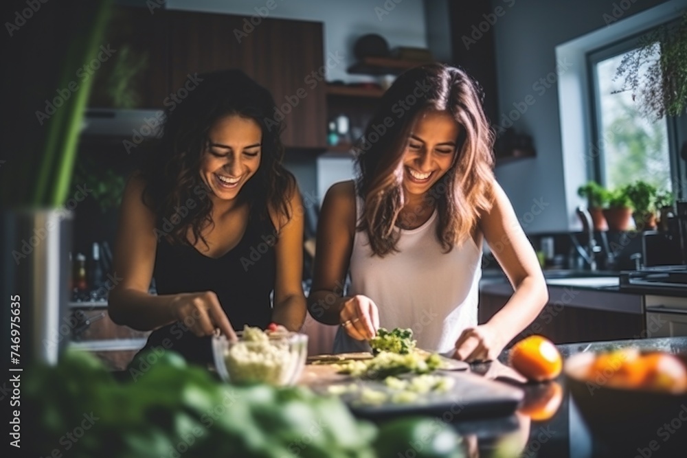 Two women laughing and preparing a meal together in the kitchen. Fictional Character Created By Generated By Generated AI.