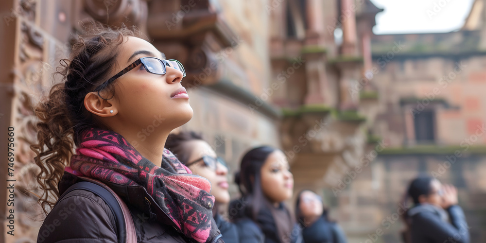 Obraz premium A group of women, with one in focus, contemplating history at an aged architectural site