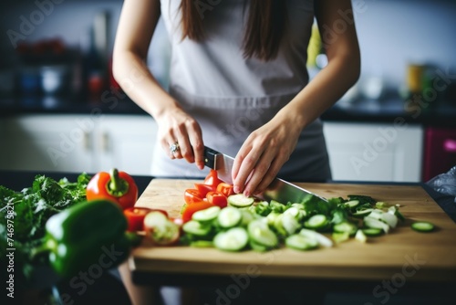 A woman is cutting up vegetables on a cutting board in a kitchen. Fictional Character Created By Generated By Generated AI.