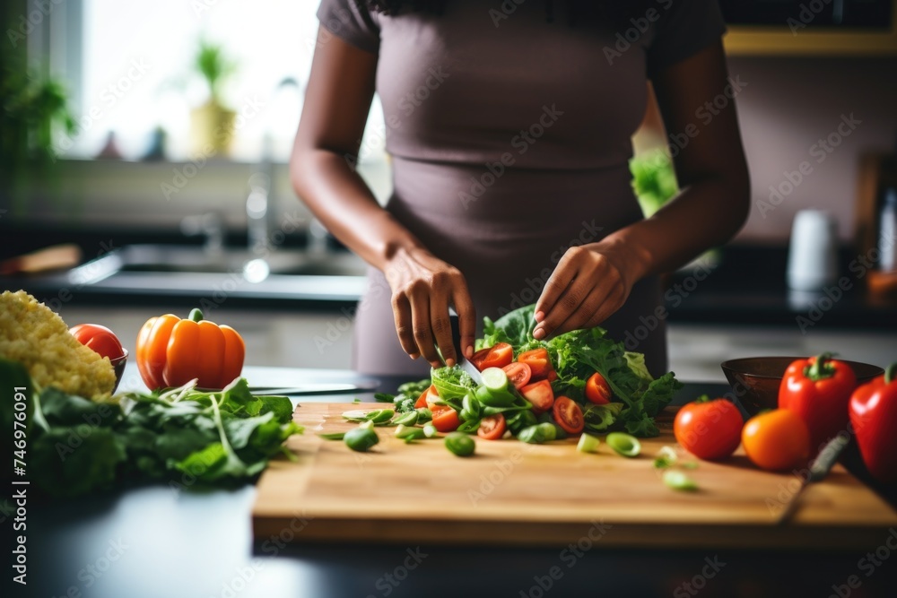 A woman slicing fresh vegetables on a cutting board A woman slicing fresh vegetables on a cutting board
