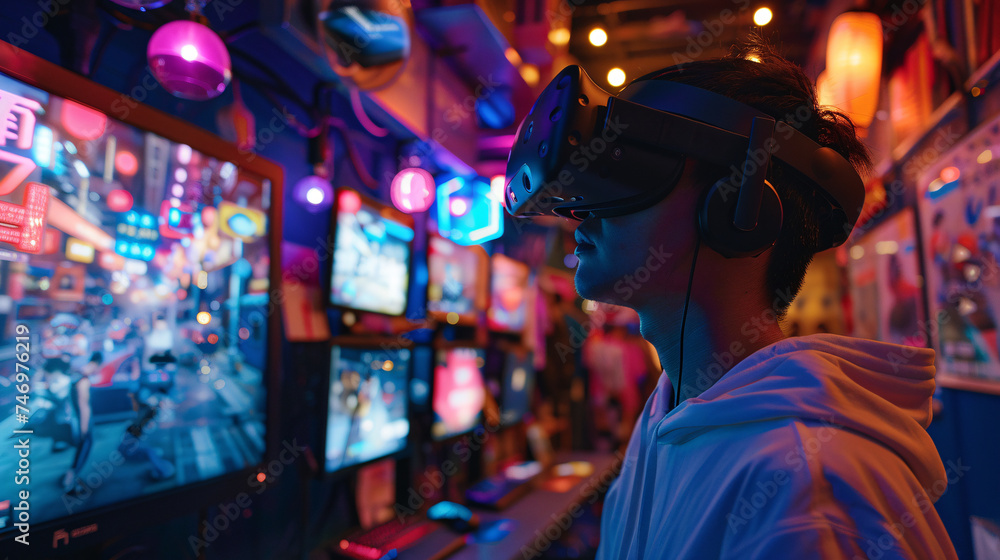 Engaging Image of a User Fully Engrossed in a VR Experience, Donning a VR Headset and Controller. Engaging Image of a User Fully Engrossed in a VR Experience, Donning a VR Headset and Controller.