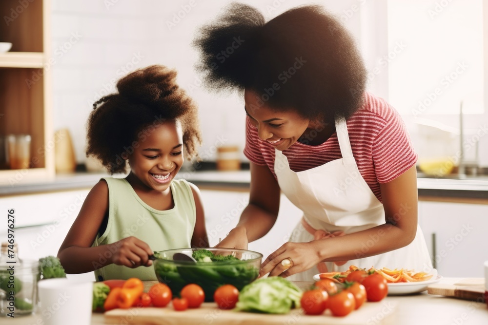 A mother and daughter preparing a meal together in the kitchen, Fictional Character Created By Generated AI. A mother and daughter preparing a meal together in the kitchen, Fictional Character Created By Generated AI.