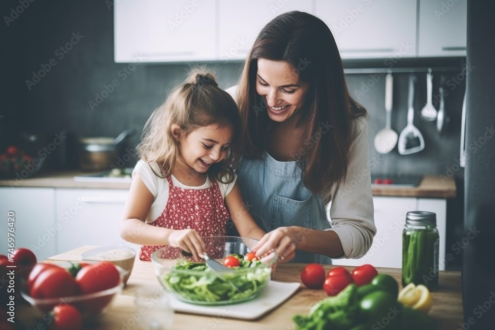 A Mother and Daughter Prepare a Fresh Garden Salad Together, Fictional Character Created By Generated AI.