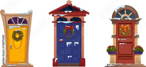 Close door decorated with Christmas traditional wreath made of green branches with berries, ribbons with bows covered with snow. Cartoon vector set of winter xmas house entrance with garland