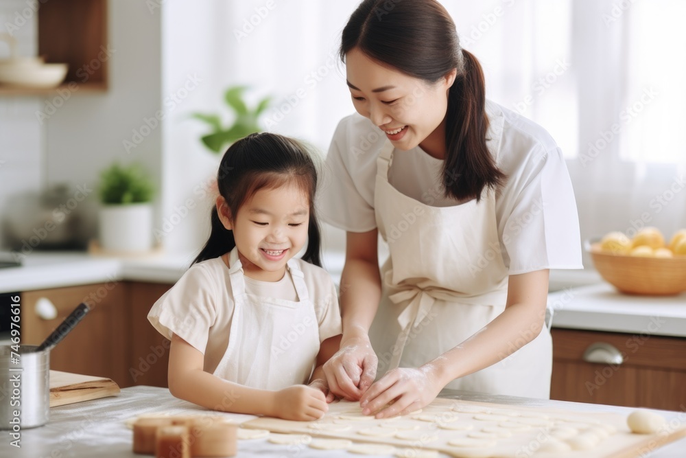 A mother and daughter cooking together in the kitchen. Fictional Character Created By Generated By Generated AI. A mother and daughter cooking together in the kitchen. Fictional Character Created By Generated By Generated AI.
