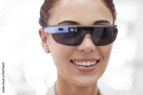 Augmented reality, woman and portrait with smart glasses for internet, technology or protection from sun. Metaverse, face and happy female person for innovation, futuristic eyewear and fashion.