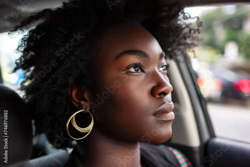 Close-up of a pensive African American woman with natural hair, looking out a car window, city life in the background. © Centric 