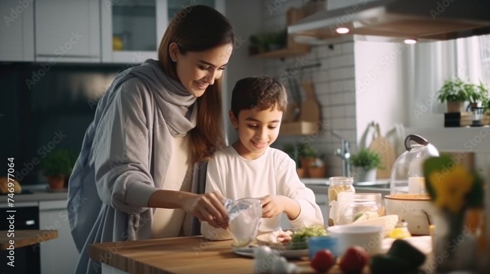 A mother and son cooking together in the kitchen. Fictional Character Created By Generated By Generated AI. A mother and son cooking together in the kitchen. Fictional Character Created By Generated By Generated AI.