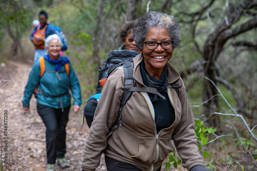 An exuberant senior African-American woman leads the way on a scenic forest trail with a group of hikers following