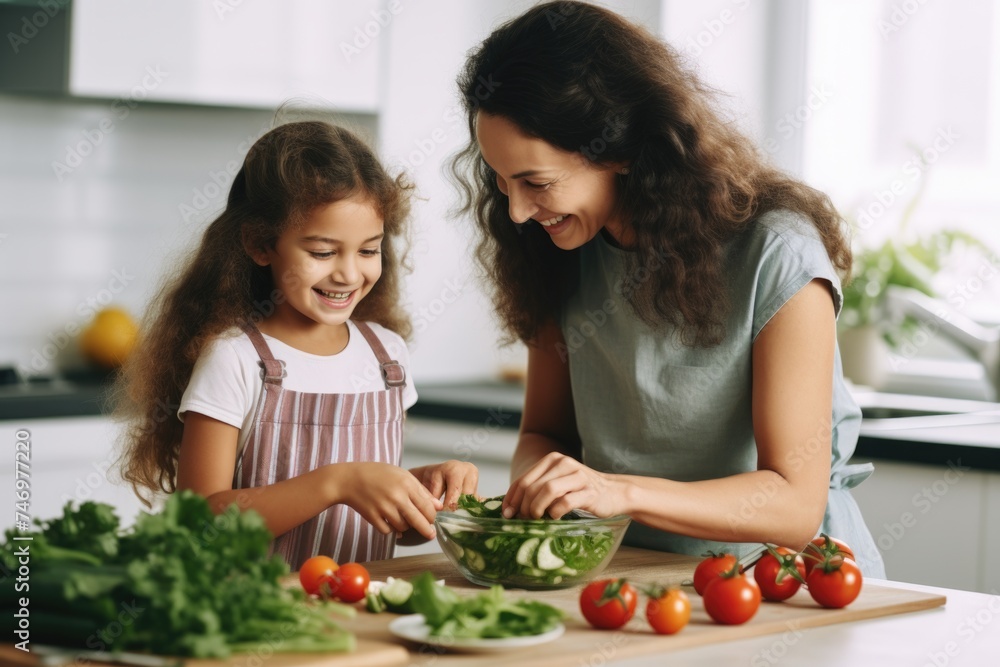 A Young Girl and an Older Woman Preparing a Garden Salad Together. Fictional Character Created By Generated By Generated AI.