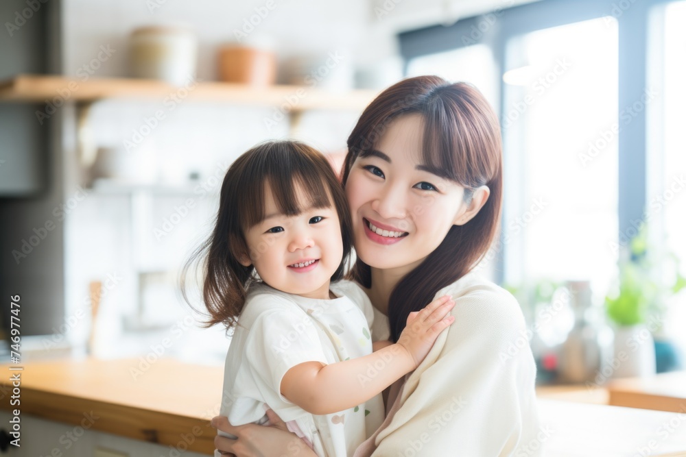 A Happy Mother Hugging Her Daughter in the Kitchen. Fictional Character Created By Generated By Generated AI. A Happy Mother Hugging Her Daughter in the Kitchen. Fictional Character Created By Generated By Generated AI.