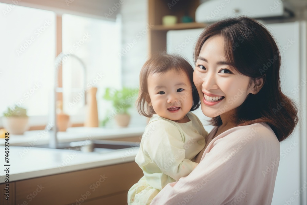A Mother Holds Her Baby in the Kitchen. Fictional Character Created By Generated By Generated AI. A Mother Holds Her Baby in the Kitchen. Fictional Character Created By Generated By Generated AI.