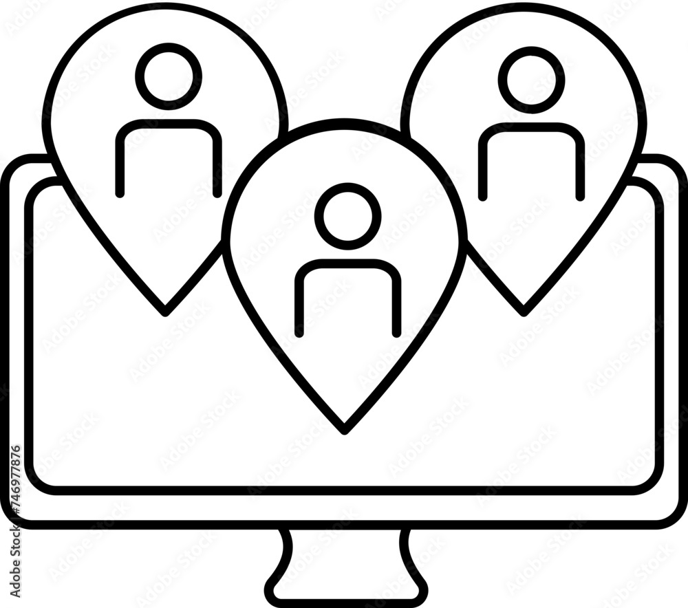 Thin line art Online location search people in desktop screen icon. Thin line art Online location search people in desktop screen icon.