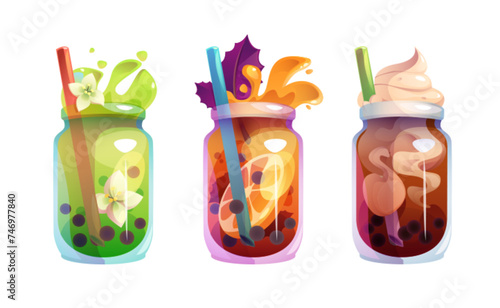 Bubble tea, coffee and cocktail drink with straw and splashes in glass jar. Cartoon vector illustration set of cold or hot beverage with vanilla flowers, orange and autumn leaf, cream foam and pearls.