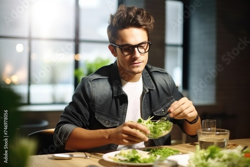 A Man Eating a Salad at a Restaurant  Fictional Character Created By Generated AI.