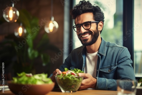 A Man Enjoying a Fresh Salad at a Table. Fictional Character Created By Generated By Generated AI.