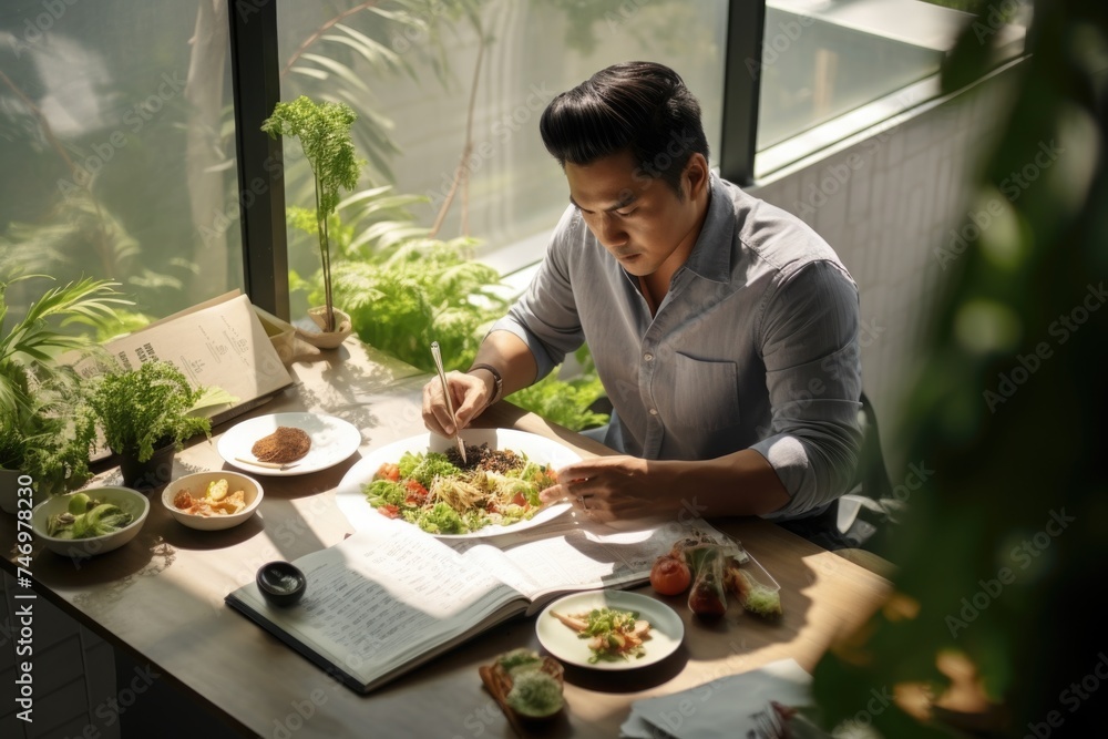 A young man enjoys a healthy meal with fresh ingredients. Fictional Character Created By Generated By Generated AI. A young man enjoys a healthy meal with fresh ingredients. Fictional Character Created By Generated By Generated AI.