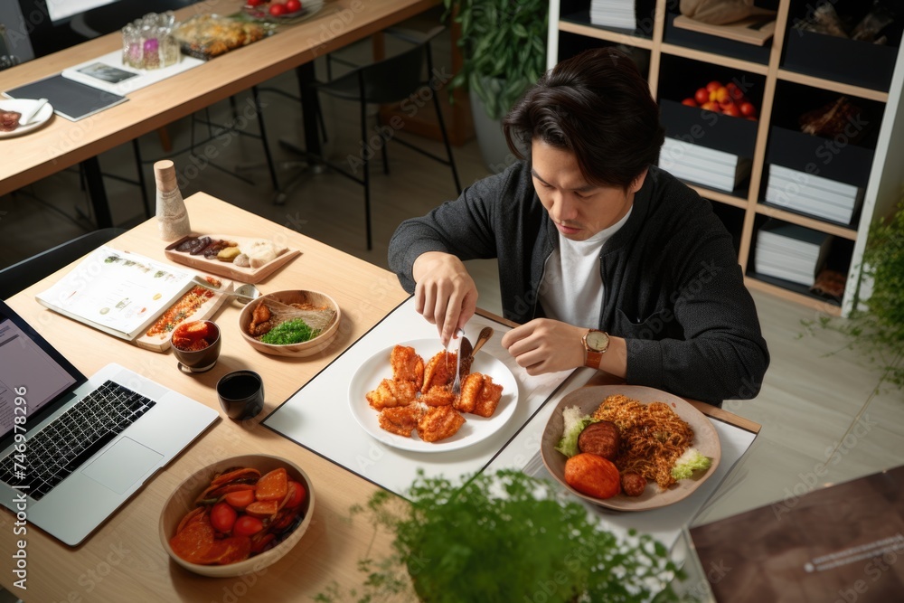 A man enjoying a meal at the dining table, surrounded by a variety of food. Fictional Character Created By Generated By Generated AI.