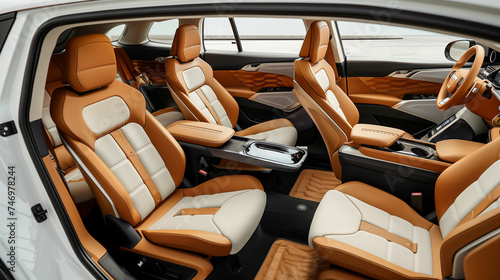 Interior of a luxury car interior with one seat rotated to face another across. © Jammy Jean