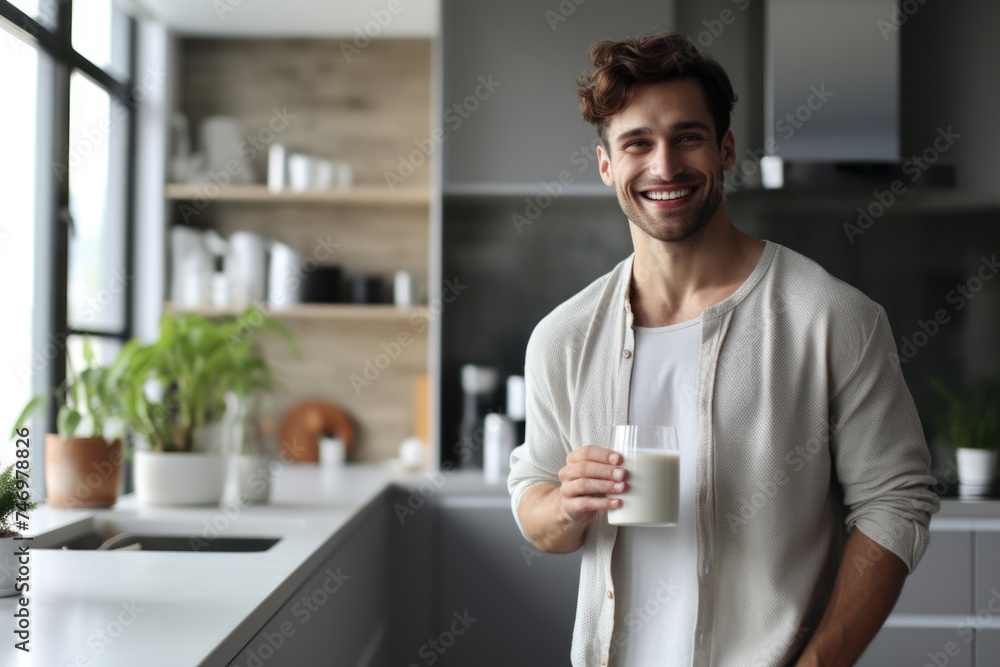 A happy young man enjoying a glass of milk in a modern kitchen setting, Fictional Character Created By Generated AI.