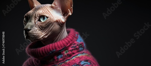 A Don Sphynx cat with no fur is seen wearing a cozy sweater on a sleek black background. The cats unique appearance and the contrast of the fabric against its skin stand out in this captivating