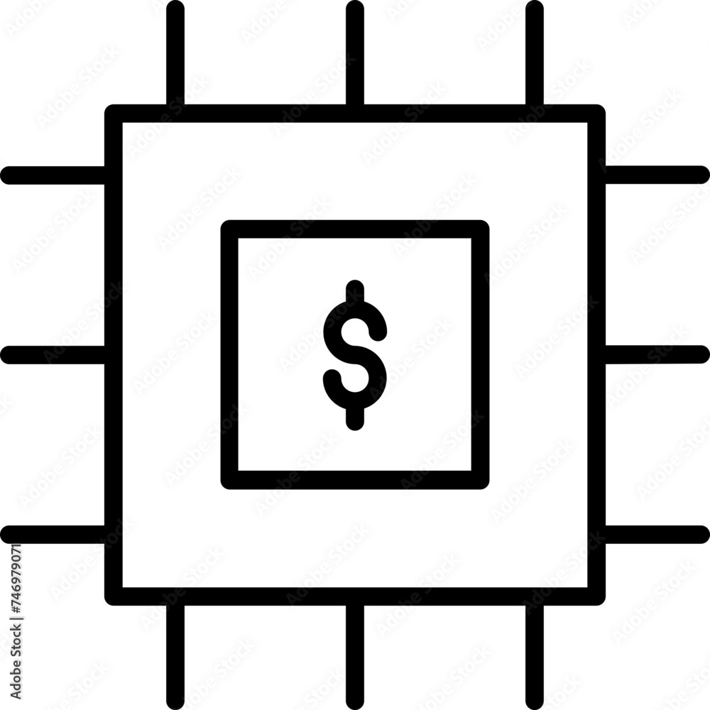 Processor Chip With Dollar Symbol Or Icon In Black Line Art. Processor Chip With Dollar Symbol Or Icon In Black Line Art.