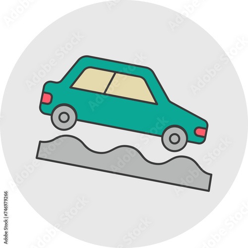 Car landing on bumpy road icon in flat style.