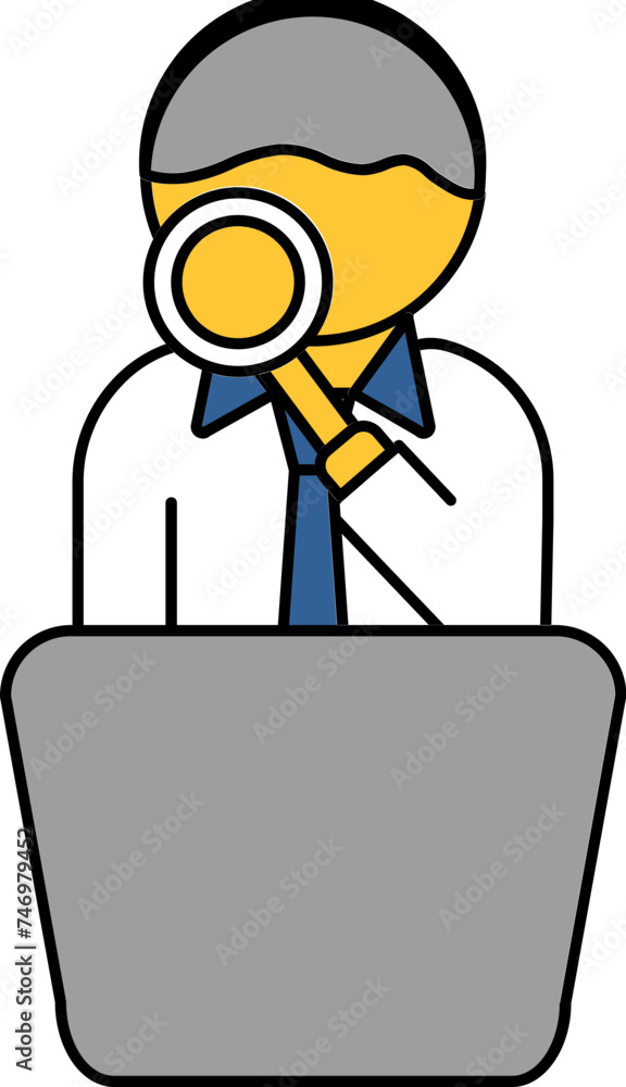 Man Search or Check Laptop with Magnifying glass icon. Man Search or Check Laptop with Magnifying glass icon.