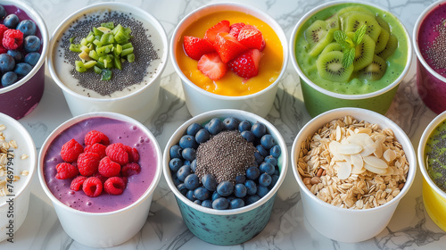 Colorful and healthy fruit smoothie bowls with pieces of fruits, nuts, and granola.