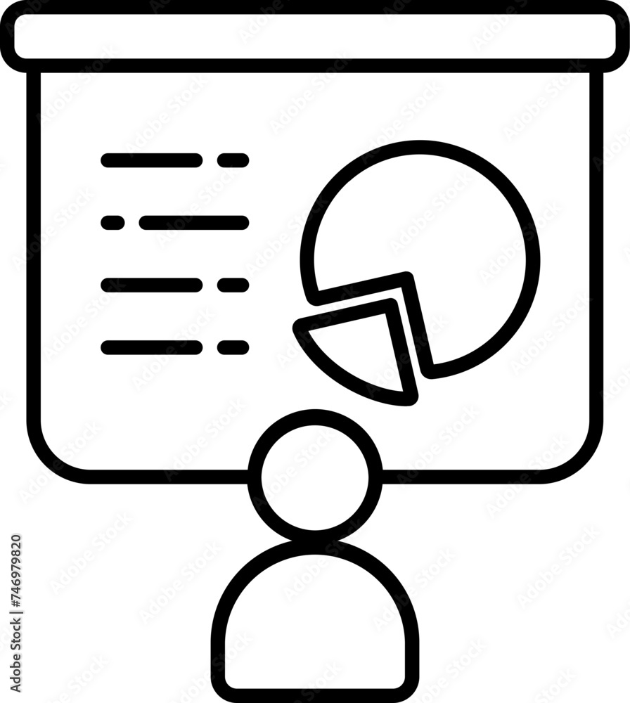 Line art illustration of Man presentation with pie chart screen icon. Line art illustration of Man presentation with pie chart screen icon.