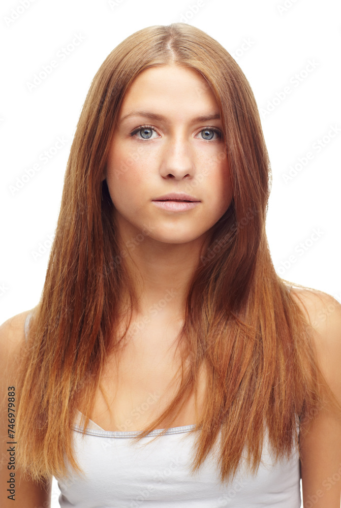 Portrait, beauty and hair with redhead woman in studio isolated on white background for keratin treatment. Face, salon or skincare and natural young person with shampoo or conditioner for haircare Portrait, beauty and hair with redhead woman in studio isolated on white background for keratin treatment. Face, salon or skincare and natural young person with shampoo or conditioner for haircare