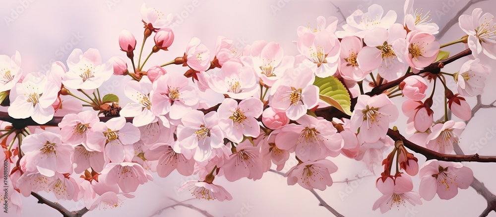 A painting showcasing vibrant pink Cherry Somei Yoshino flowers in full bloom on a branch, capturing the delicate beauty of springtime flora. A painting showcasing vibrant pink Cherry Somei Yoshino flowers in full bloom on a branch, capturing the delicate beauty of springtime flora.