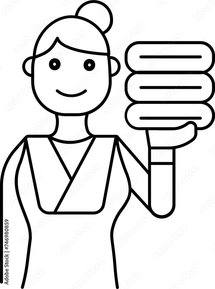 Maid Holding Stack Clothes Icon in Thin Line Art. Maid Holding Stack Clothes Icon in Thin Line Art.
