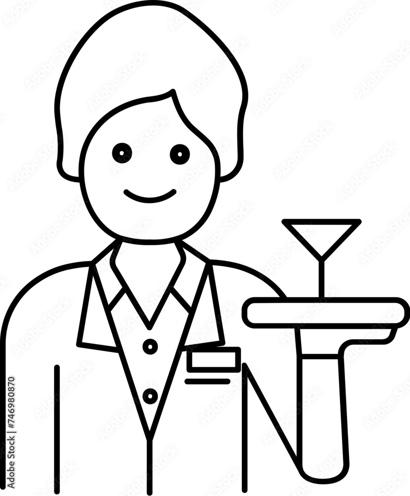 Waiter Serving Wine Glass Icon in Black Outline. Waiter Serving Wine Glass Icon in Black Outline.