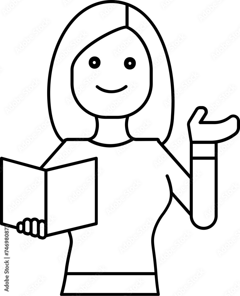 Woman Teacher Holding Open Book Icon in Thin Line Art.