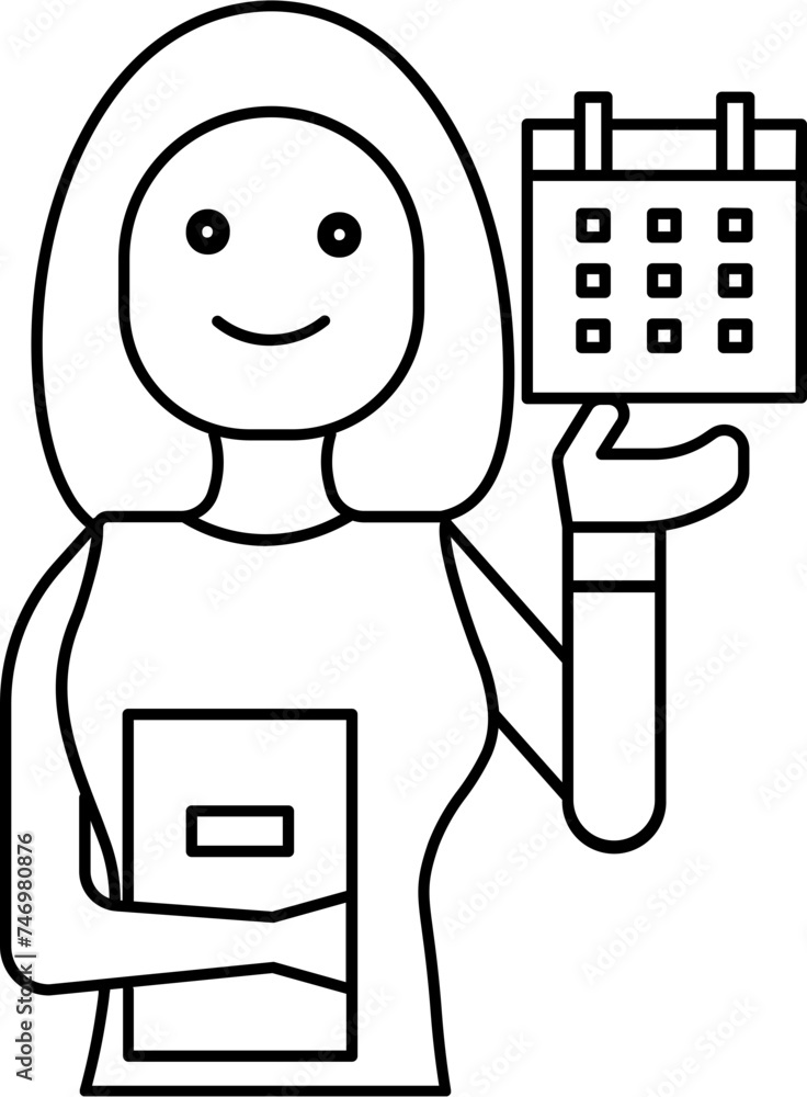 Young Woman Holding Book and Showing Calendar Line Art Icon.